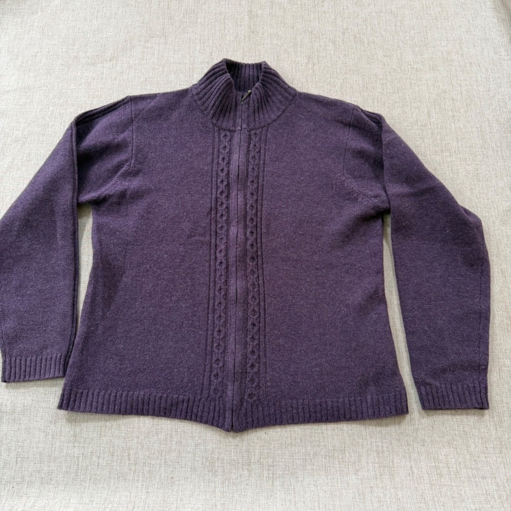 Vintage Columbia Cardigan Women's Large Purple Merino Wool Full Zip Cable Knit